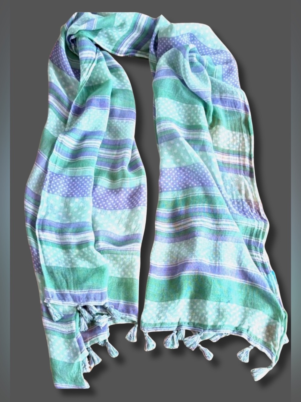J.McLaughlin Scarf Wrap Green Blue Purple Plaid Tassel Fringe Lightweight